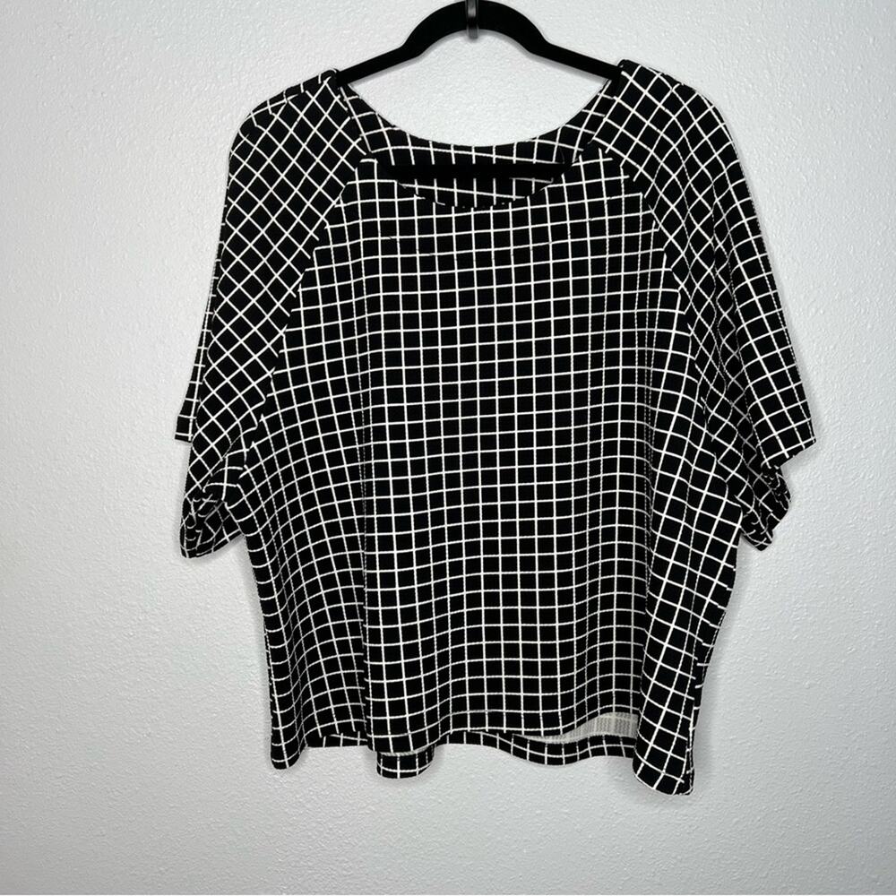 Bobeau Black & White Dolman Sleeve Grid Check Short Sleeve blouse womens size L